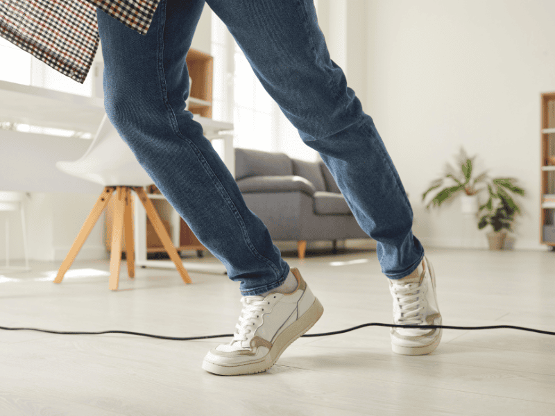 Compliance im Homeoffice. Ein Mann stolpert über ein Kabel in seiner Wohnung.