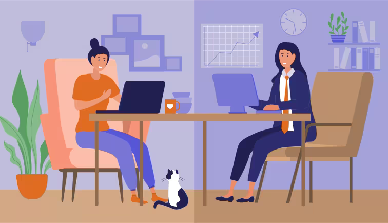 Mitarbeiter in hybrider Arbeitsumgebung – teils im Büro, teils im Videocall – mit Fokus auf Teamzusammenhalt und Zufriedenheit