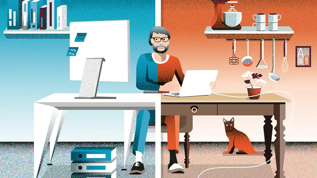 Illustration eines Mannes, der halb im Büro und halb im Homeoffice arbeitet – Vergleich zwischen mobiler Arbeit und klassischem Büroarbeitsplatz