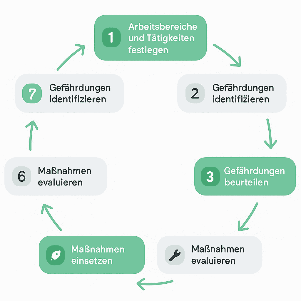 Grafik: Sieben Schritte der Gefährdungsbeurteilung – von der Festlegung der Tätigkeiten bis zur Evaluation von Maßnahmen