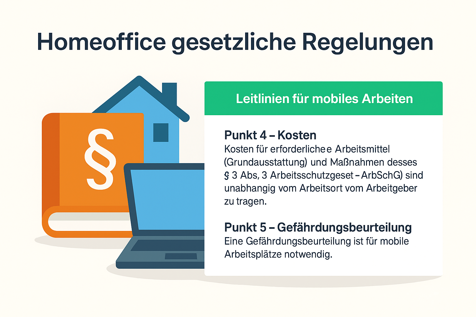 Illustration zu Homeoffice gesetzlichen Regelungen mit Gesetzbuch, Laptop und BMAS-Leitlinien zu Kosten und Gefährdungsbeurteilung